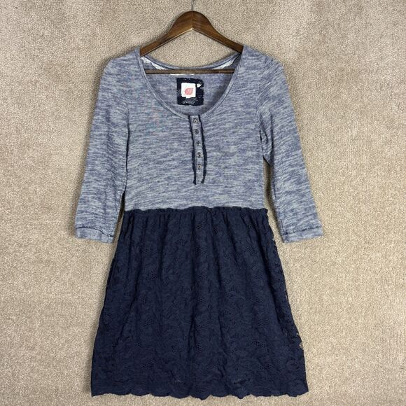 Anthro Lilka Dress Womens Small Blue‎ Lace Overlay Henley Knit Boho Stretch - Picture 1 of 11